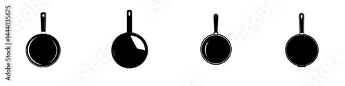 Silhouette pictograms of kitchen utensils including frying pans and sieve for culinary design concepts