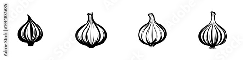 Unique set of silhouette pictograms illustrating different styles of onion bulbs for culinary graphics