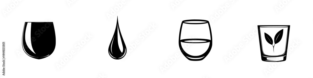 Silhouette pictograms of drinking glasses, liquid droplet, and minimalist design elements for beverage representation