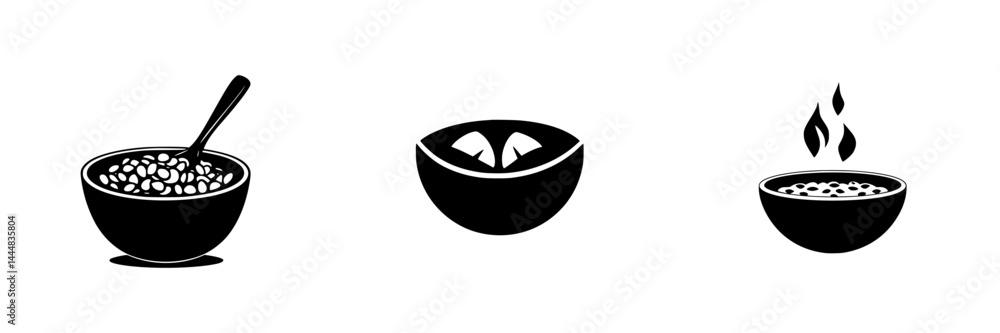 Silhouette pictogram set featuring bowls of food in various styles and designs for culinary illustration