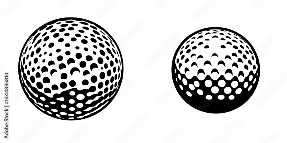 Set of two distinct golf ball silhouette pictograms showcasing different designs and patterns in a minimalist style