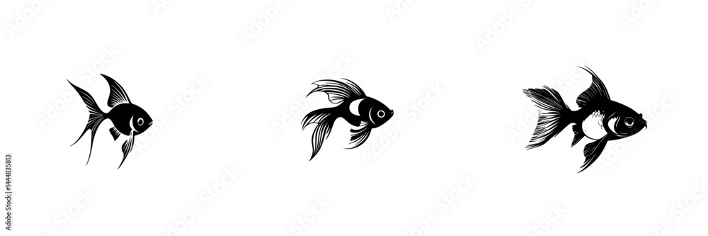 Silhouette pictogram icons of three different goldfish swimming in various positions while isolated on a white background