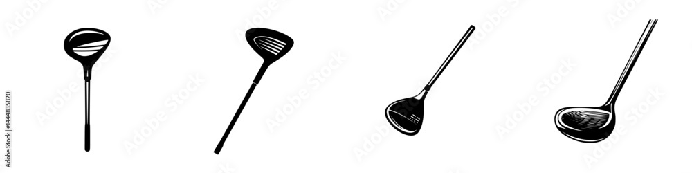 Silhouette pictograms featuring various golf club designs isolated on white background