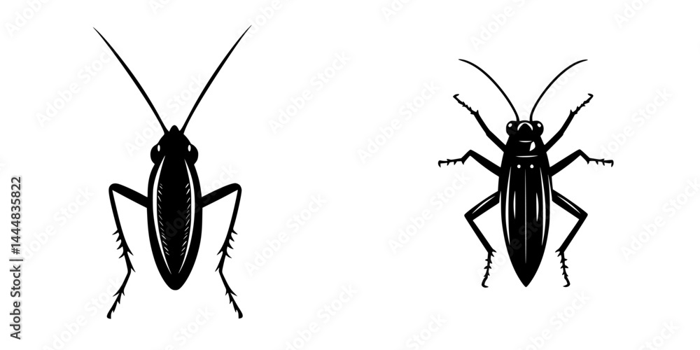 Detailed silhouette pictogram icons of various cockroach species representing common household pests