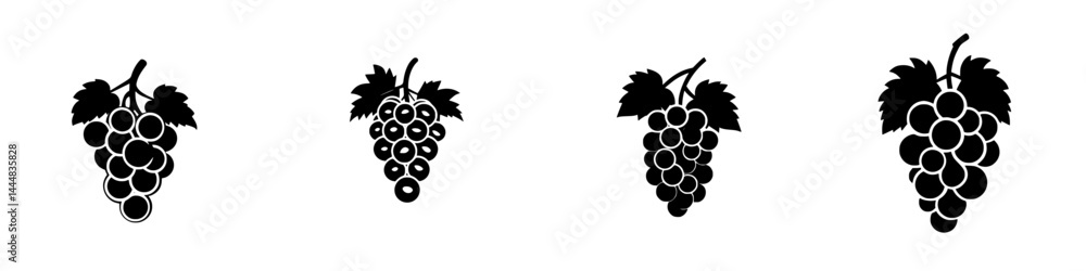 Collection of four unique grape silhouette pictograms showcasing different clusters and leaves in a minimalist style