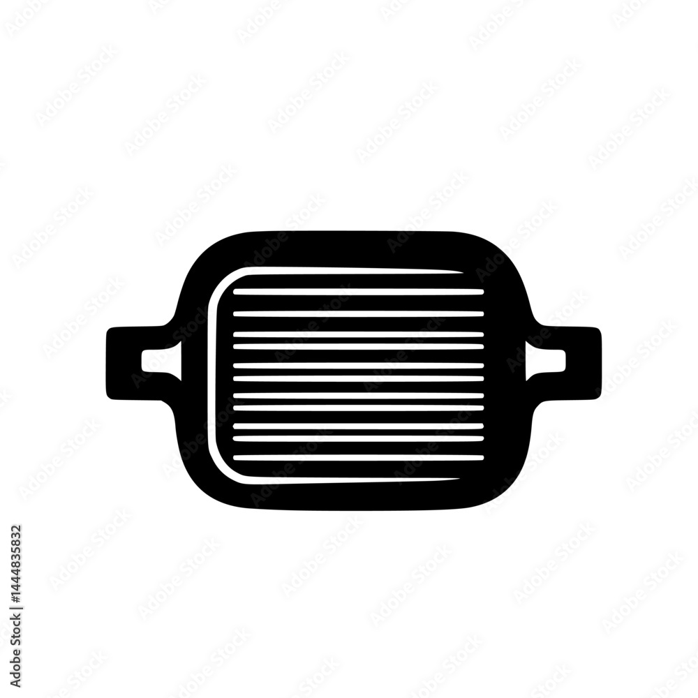 Silhouette pictogram of a grilling pan with handles for cooking and food preparation in kitchens