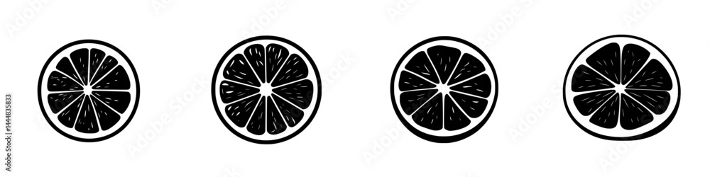 Set of silhouette pictograms depicting sliced citrus fruits in various orientations for graphic design and illustration purposes