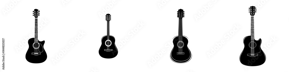 Silhouette pictogram of various guitar designs showcasing diversity in body shapes and sizes for music enthusiasts