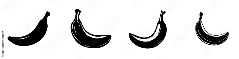 Silhouette pictogram set of bananas in various orientations for graphic design projects