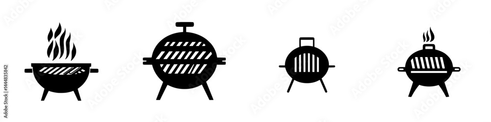 Collection of silhouetted pictograms depicting various types of grills and barbecues for outdoor cooking