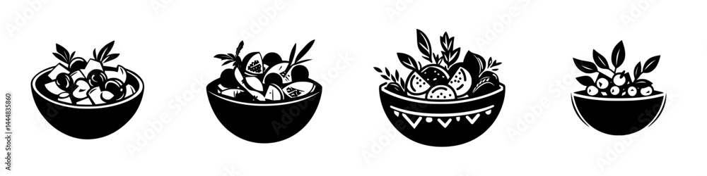 Silhouette pictograms of various bowls filled with different types of fruits and vegetables displayed in a minimalist style
