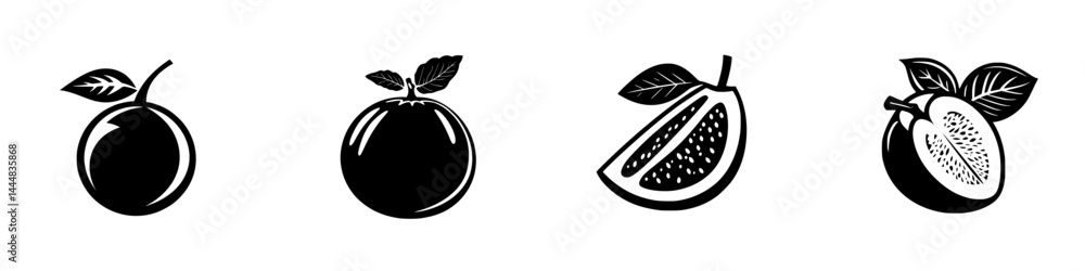 Collection of silhouettes depicting various fruits including plum, orange, guava, and melon in a simple vector style