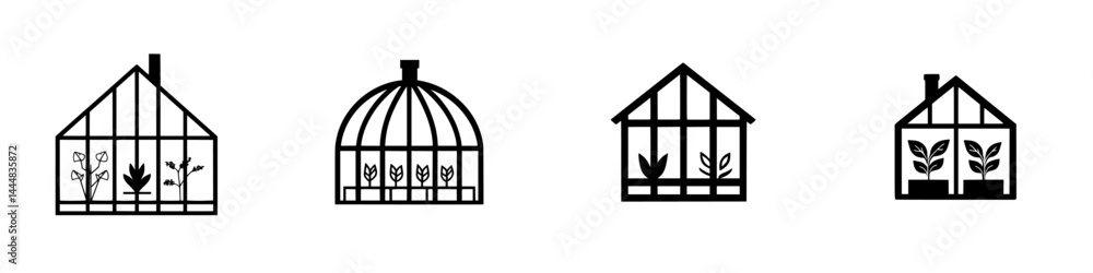 Collection of silhouette pictograms depicting various greenhouse designs with plants inside for illustrative purposes