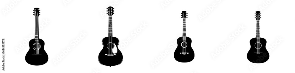 Unique silhouette pictogram icons representing various acoustic guitars in a minimalistic design, showcasing diversity in style and shape