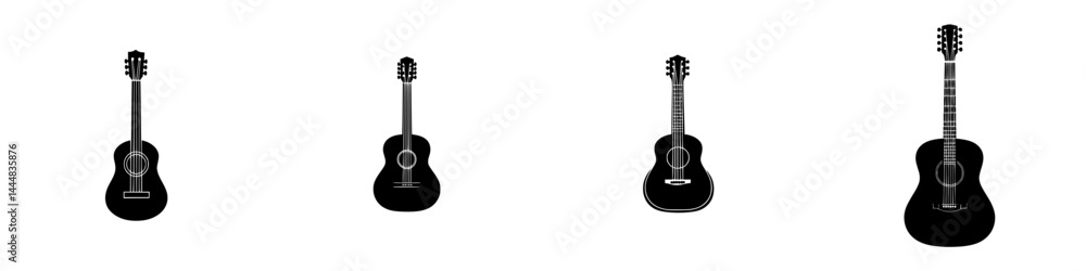 Silhouette pictogram icons of various guitars showcasing different styles and designs in a minimalist format