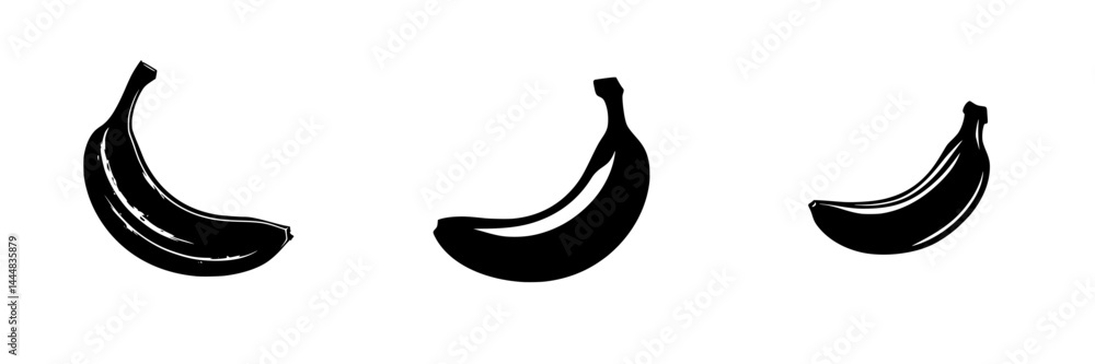 Silhouette pictogram set featuring isolated vector icons of bananas in various positions