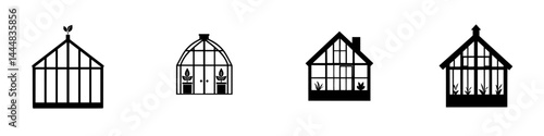 Collection of silhouette pictograms showcasing different styles of greenhouses for agricultural and horticultural uses