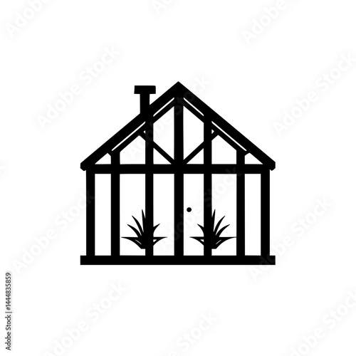 Obraz na płótnie Silhouette pictogram of a greenhouse design featuring plants and a structured roof w salonie