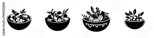 Obraz na płótnie Silhouette pictograms of various bowls filled with different types of fruits and vegetables displayed in a minimalist style w salonie