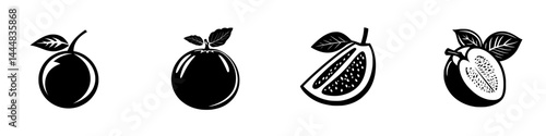 Obraz na płótnie Collection of silhouettes depicting various fruits including plum, orange, guava, and melon in a simple vector style w salonie
