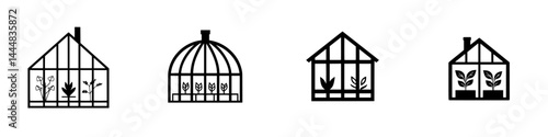 Obraz na płótnie Collection of silhouette pictograms depicting various greenhouse designs with plants inside for illustrative purposes w salonie