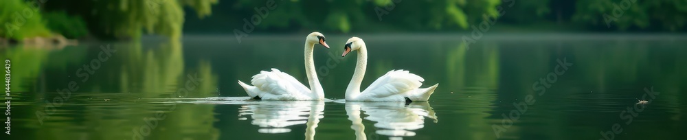 Fototapeta premium Two swans swimming, tranquil lake backdrop, lush greenery , summer, lake, couple