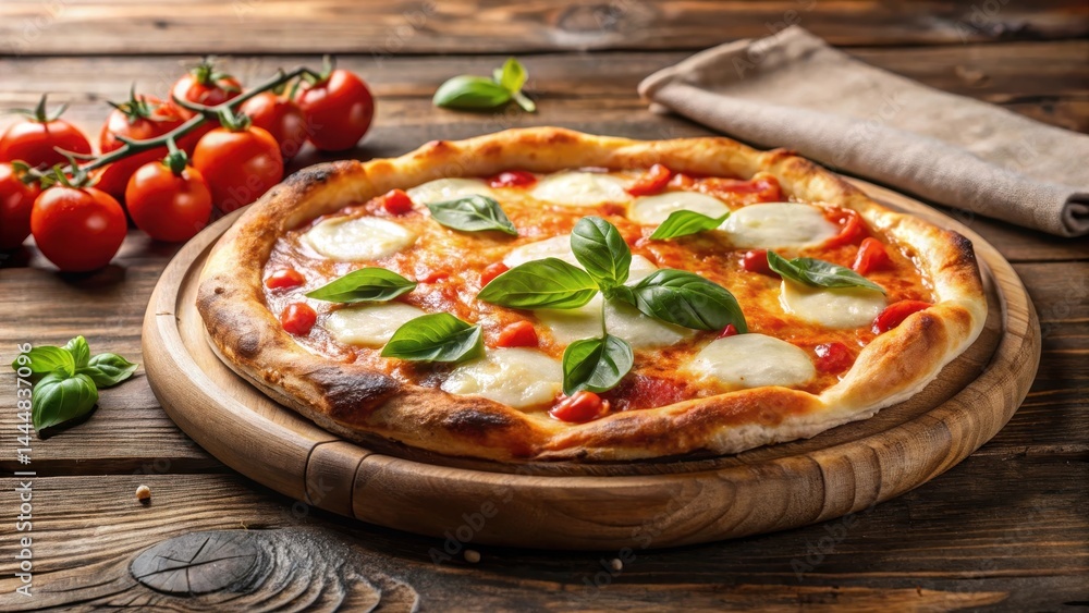 Classic Italian pizza on a rustic wooden plate with a crispy crust and melted mozzarella cheese Classic Italian pizza on a rustic wooden plate with a crispy crust and melted mozzarella cheese