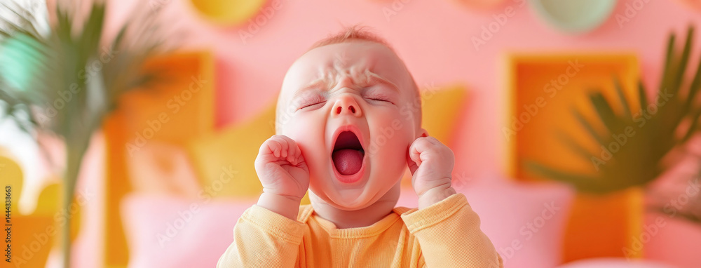 Naklejka premium Adorable yawning baby in yellow outfit against colorful pastel background, expressing tiredness and innocence with a cute facial expression.