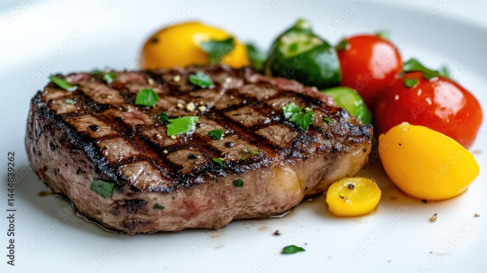 Grilled steak with colorful vegetables. Perfectly seared steak, garnished with fresh herbs, rests beside a medley of vibrant yellow and red cherry tomatoes and small green vegetables. Grilled steak with colorful vegetables. Perfectly seared steak, garnished with fresh herbs, rests beside a medley of vibrant yellow and red cherry tomatoes and small green vegetables.