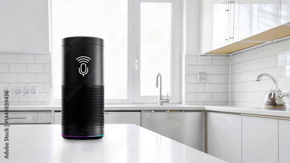 Black smart voice speaker sits in white kitchen, wireless and modern look, ideal for smart kitchen, part of digital kitchen voice controlled tech