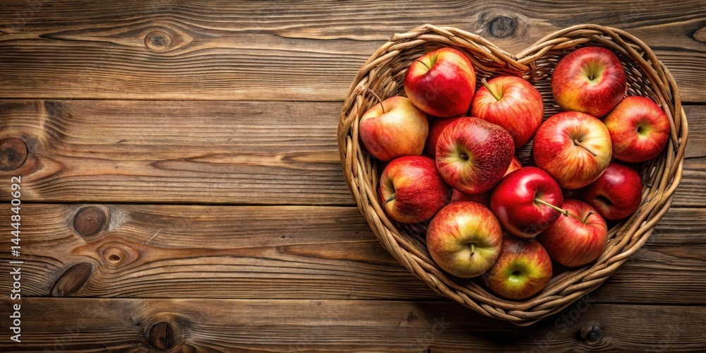 A bunch of juicy red apples arranged artfully in a heart-shaped basket placed on a rustic wooden table background with natural textures and warm tones , Farm Fresh, Apples A bunch of juicy red apples arranged artfully in a heart-shaped basket placed on a rustic wooden table background with natural textures and warm tones , Farm Fresh, Apples