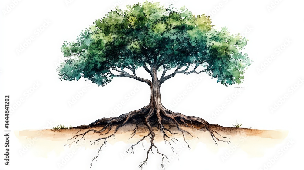 Symbolic Watercolor Tree with Visible Roots Representing Nature's Connection