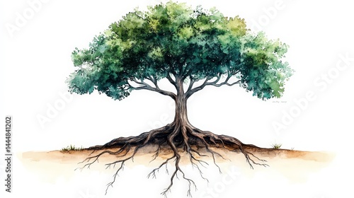 Obraz na płótnie Symbolic Watercolor Tree with Visible Roots Representing Nature's Connection w salonie