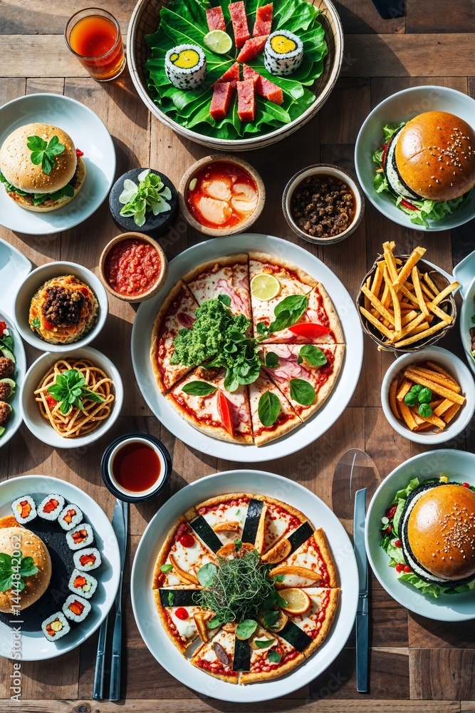 Top-down photo of a colorful international feast featuring sushi, pizza slices, tacos, burgers, and salad bowls on a wooden table, natural lighting, with empty space for menu overlay. Top-down photo of a colorful international feast featuring sushi, pizza slices, tacos, burgers, and salad bowls on a wooden table, natural lighting, with empty space for menu overlay.