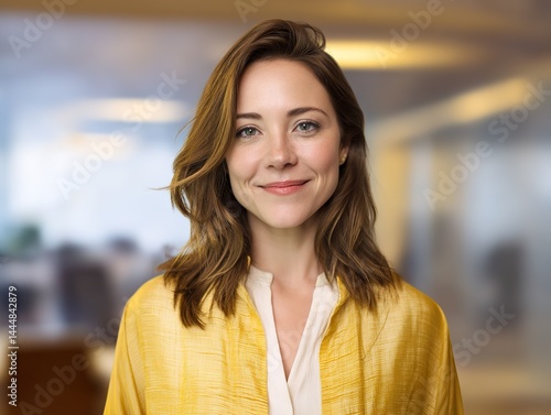Attractive woman in her thirties, wearing a yellow shirt, standing in an office space with a blurred background and smiling, showing a professional appearance.