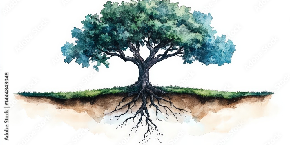 Symbolic Watercolor Tree with Visible Roots Representing Nature's Connection