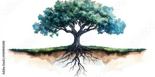 Symbolic Watercolor Tree with Visible Roots Representing Nature's Connection