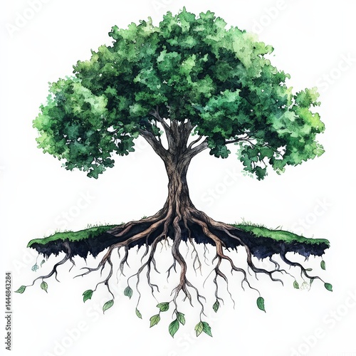 Obraz na płótnie Symbolic Watercolor Tree with Visible Roots Representing Nature's Connection w salonie