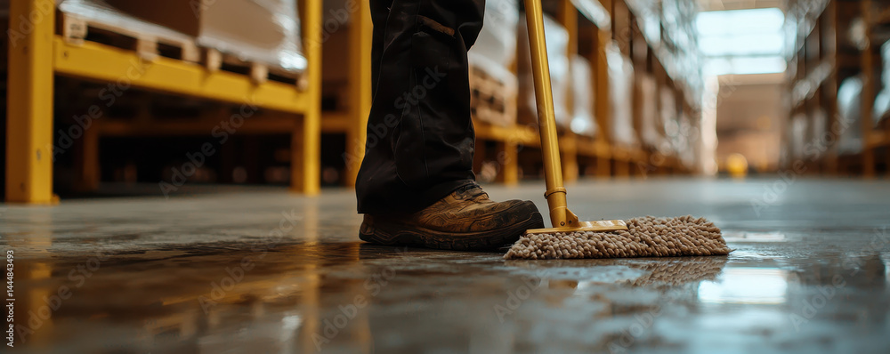 Janitor mopping warehouse loading zone floor for cleanliness