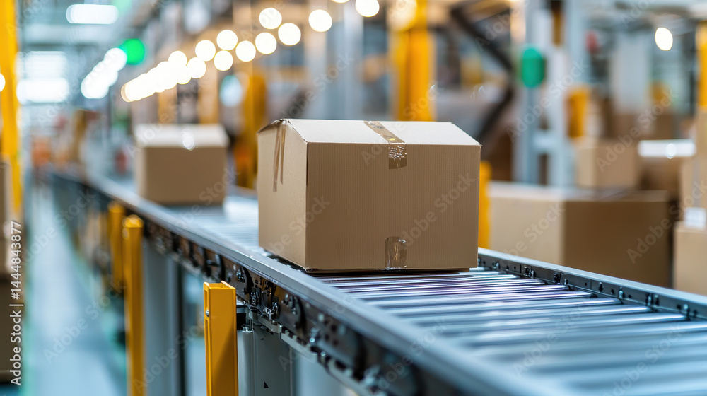 Cardboard boxes on conveyor belt in bright and clean fulfillment center Cardboard boxes on conveyor belt in bright and clean fulfillment center