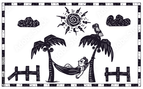 Woodcut-style illustration of a person relaxing in a hammock between palm trees under the sun, with a parrot perched above — a peaceful tropical escape.
