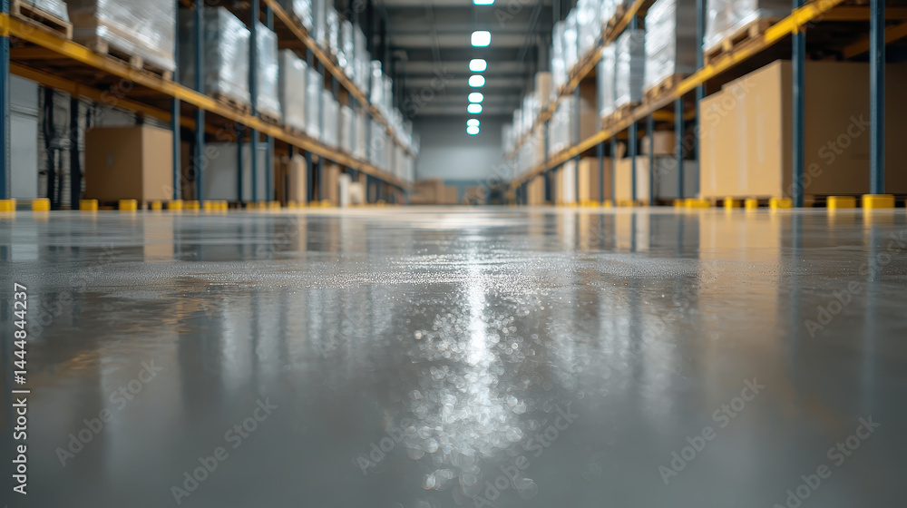Clean warehouse with reflective floor, shelves stocked with boxes Clean warehouse with reflective floor, shelves stocked with boxes
