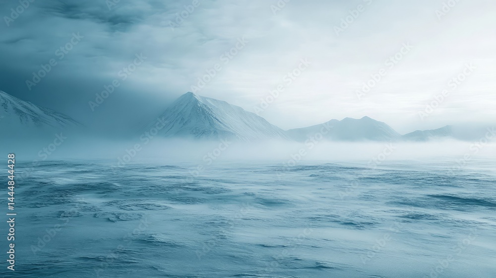 Ethereal Winter Landscape with Misty Mountains and Frozen Sea, Captivating Serenity of Nature in a Cold, Tranquil Environment, Ideal for Travel and Adventure Themes Ethereal Winter Landscape with Misty Mountains and Frozen Sea, Captivating Serenity of Nature in a Cold, Tranquil Environment, Ideal for Travel and Adventure Themes