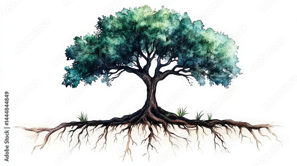 Symbolic Watercolor Tree with Visible Roots Representing Nature's Connection