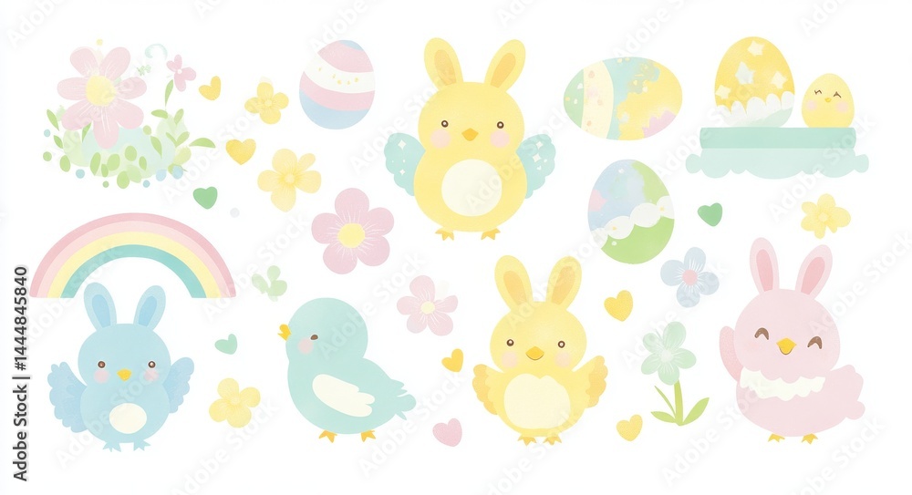 This Easter collection comprises pastel-colored illustrations, icons, symbols, and graphic elements, featuring bunnies, flowers, eggs, and baskets, perfect for Easter card and banner creation This Easter collection comprises pastel-colored illustrations, icons, symbols, and graphic elements, featuring bunnies, flowers, eggs, and baskets, perfect for Easter card and banner creation