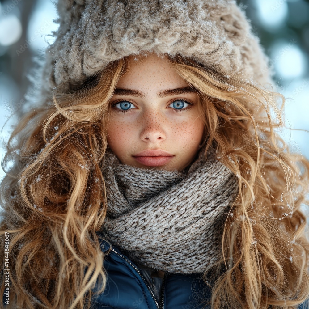 Smiling Woman in Winter Hat and Fur Jacket in Snowy Scene Smiling Woman in Winter Hat and Fur Jacket in Snowy Scene