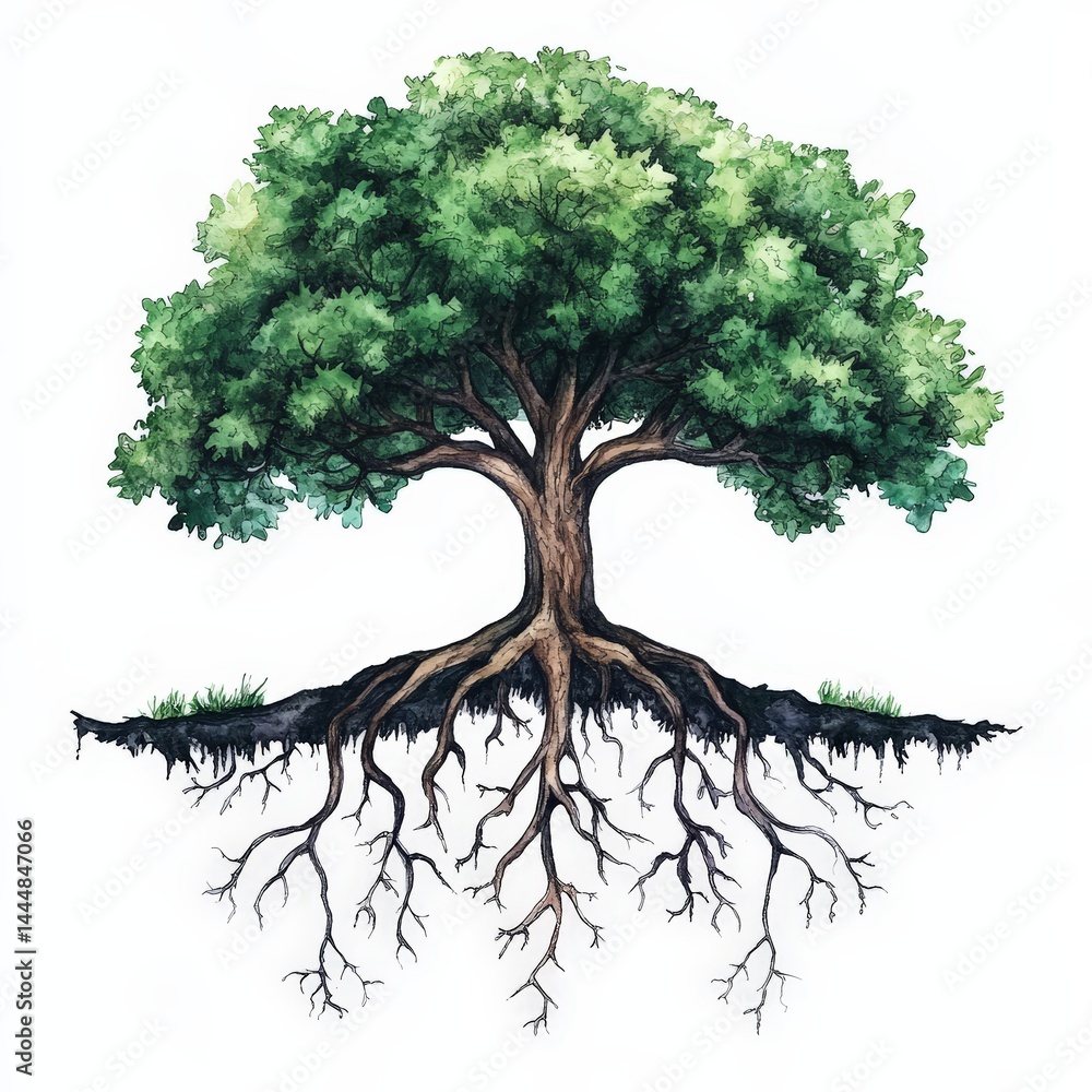 Symbolic Watercolor Tree with Visible Roots Representing Nature's Connection