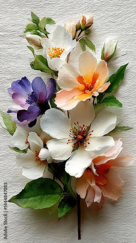 Fototapeta premium Pastel watercolor floral bouquet in artistic still life, evoking delicate beauty and serene harmony.