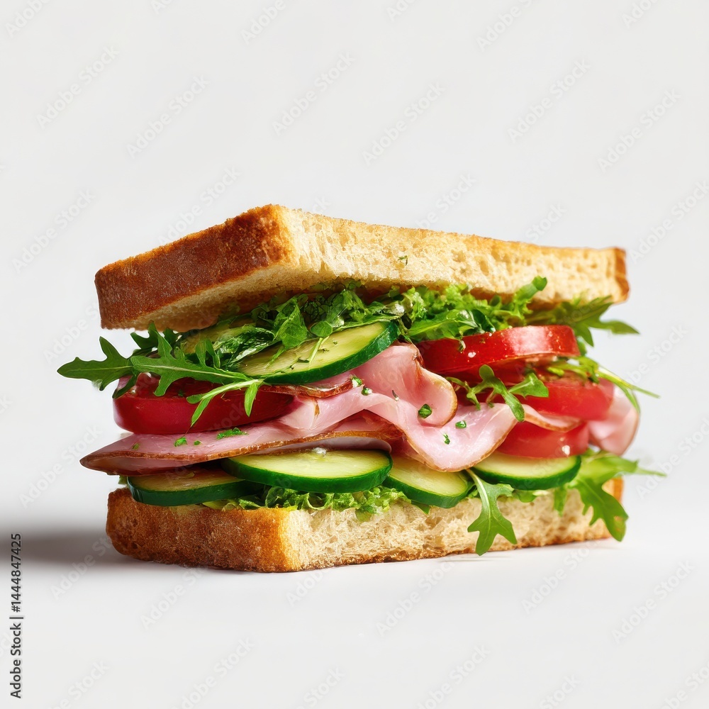 A sandwich with ham tomato cucumber and lettuce on white bread A sandwich with ham tomato cucumber and lettuce on white bread