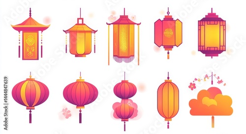 A modern design and illustration of abstract colorful elements, including Chinese and Asian flowers, lucky coins, and Chinese lanterns, serves as a vibrant background for Chinese New Year, Mid-Autumn